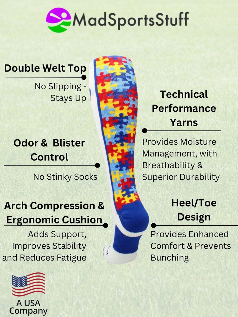 MadSportsStuff Puzzle Heart Autism Awareness OTC Socks (White/Royal, Small) - Image 3